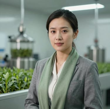A professional portrait of an East Asian / Chinese female quality control manager in a modern tea processing facility, dressed in business casual attire with a Sage Green scarf.