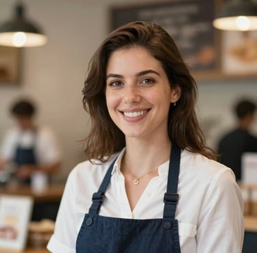 Portrait of a smiling local customer in Zaragoza, natural lighting, elegant and approachable vibe.