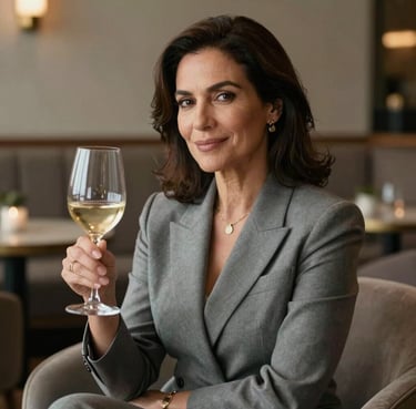 A portrait of a sophisticated South American woman in her 40s, wearing elegant smart-casual attire, smiling subtly while holding a glass of wine. The background is a dimly lit, refined lounge with muted slate grey and beige tones. Soft, warm lighting.