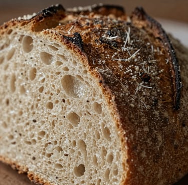 Close-up of golden-brown sourdough with crispy crust torn open to reveal airy interior.