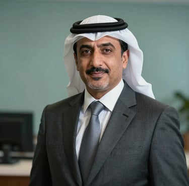 A sharp portrait of a professional male executive in a Middle Eastern / Yemeni corporate office environment. He is wearing a formal suit and exudes trustworthiness and expertise, with a soft forest teal background.