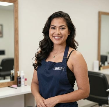 A confident business executive smiling in a modern office, with a digital dashboard visible in the background.