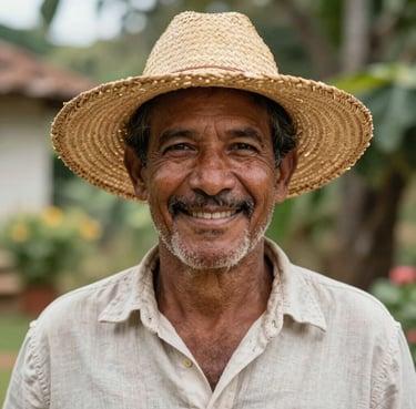 Close-up portrait of a mature man with a warm smile, wearing a traditional straw hat and a light linen shirt, standing in a sunlit garden in South American / Brazilian countryside. Soft natural lighting.
