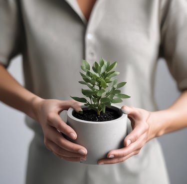 Close-up of hands holding a handcrafted cement planter with natural light highlighting its texture.