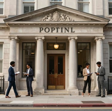 A smiling professional woman looking confident while working on a laptop in a cozy office setting.