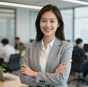 Portrait of a smiling professional woman in a modern office setting, representing a satisfied corporate client.