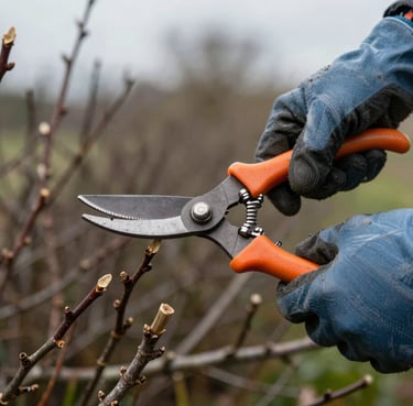 Close-up of gloved hands using hedge shears on overgrown shrubs, overcast daylight, clipped branches visible on the ground below, tight environmental framing