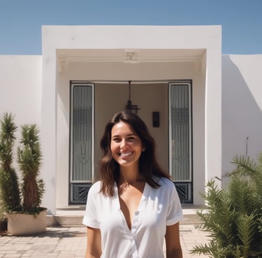 A smiling woman standing in front of a modern apartment building in Marrakech.