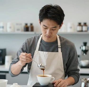 A portrait of a professional coffee taster in a modern lab, wearing a clean apron, holding a cupping spoon, reflecting expertise and reliability. Brand colors #5D4037 and #F5EFE6 present.