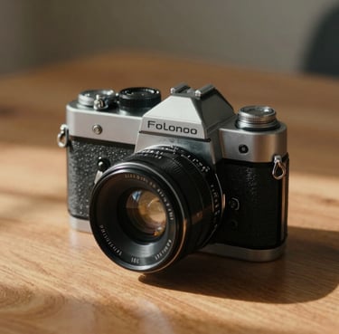 A cinematic close-up of a vintage film camera sitting on a wooden table, warm sun-drenched light casting earthy brown shadows, soft sand color palette.