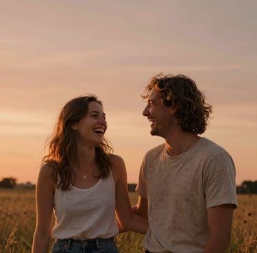 A candid shot of a couple laughing together in a sun-drenched meadow, warm terracotta tones in the sunset, authentic human connection.