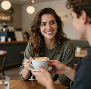 Candid lifestyle photography of a customer smiling while holding a latte with intricate art, set in a modern North American / US cafe with warm, elegant lighting.