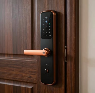 Close-up of a high-tech smart lock on a dark wood door in a South American / Brazilian luxury apartment, soft orange accent light on the handle.