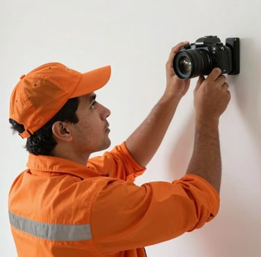 A professional installer of South American / Brazilian background in a bright orange uniform, mounting a sleek black camera on a wall, daylight.