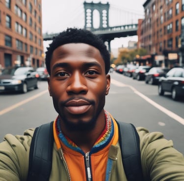 A confident young man wearing a bold red and gold hoodie from Own Your African Roots, standing against an urban mural.