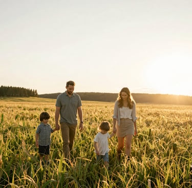 A heartfelt wide-angle shot of a family walking through a golden North American / US meadow at sunset, warm lens flare, Sage Green and Warm Off-white tones, high-end photography style.