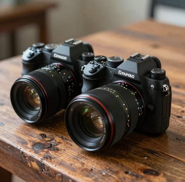 Close-up artistic photography of two professional cameras sitting on a weathered wooden table in a North American / US studio, soft morning light, Dark Charcoal and Olive Green accents.