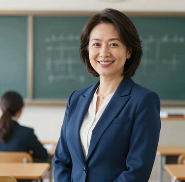 A professional portrait of a female educator in her 40s, smiling warmly, wearing a professional navy blue blazer (#0A1C2C). The background is a softly blurred modern classroom.