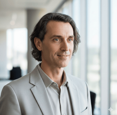 Homem de 55 anos com cabelo grisalho escuro e olhos claros em foto de cliente satisfeito