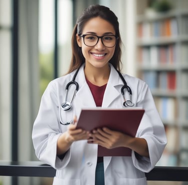A smiling professional woman in business casual attire, sitting at a desk with a laptop and notes.