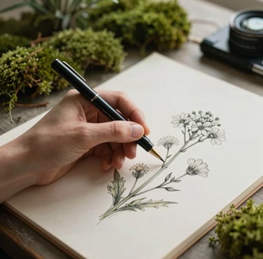 A lifestyle photograph of an artist's hand holding a fine liner pen over a sketch of a wildflower. The lighting is diffused and elegant, highlighting the soft moss green and cream tones of the workspace.