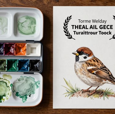 An overhead flat lay of a wooden desk with ceramic watercolor palettes filled with moss green and mist green pigments, next to a finished illustration of a delicate sparrow.