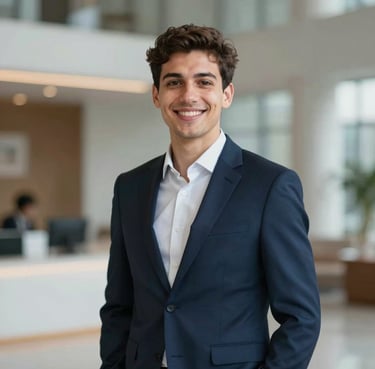 A professional portrait of a young male entrepreneur (Attmann Stefanou) in a navy suit, smiling, indoors with modern architectural lighting, reflecting a trustworthy and student-founder aesthetic.