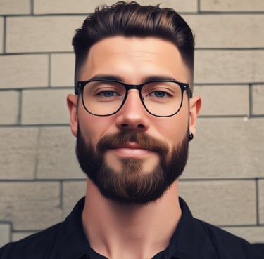 A smiling woman in a stylish salon setting, holding a phone with a chat screen visible.