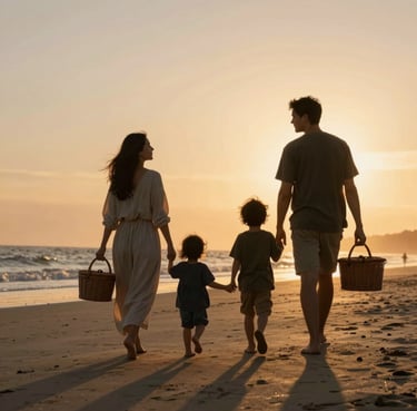 A family walking along a soft sand beach at golden hour, carrying a picnic basket. Authentic interaction with a focus on warm natural light and charcoal-colored silhouettes against the setting sun.