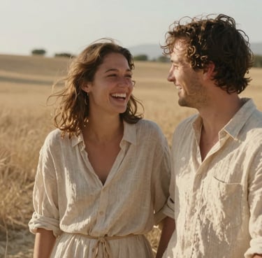 A candid shot of a young couple laughing in a sun-drenched Mediterranean meadow, wearing light linen clothing in soft sand and pale tan tones. The lighting is warm and cinematic.