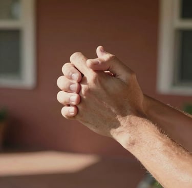 Close-up candid shot of hands intertwined, sunlight filtering through, cinematic and warm, North American porch setting, earthy terracotta tones.