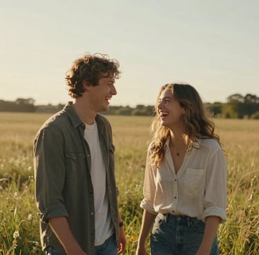 Cinematic vertical shot of a young couple laughing in a sun-drenched North American meadow, warm golden hour lighting, authentic and candid.
