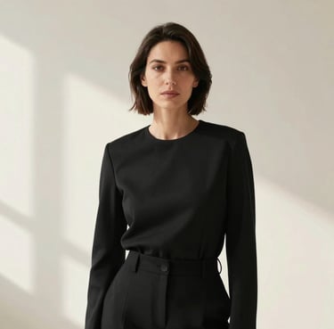 A professional portrait of a female creative director in a minimalist black outfit, standing against a soft off-white background, lit with soft natural light.