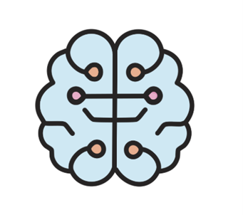 A light blue flat icon of a human brain featuring digital circuit board patterns and nodes.
