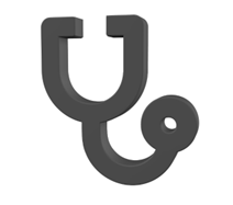 A 3D black medical stethoscope icon representing healthcare services and doctor consultations.