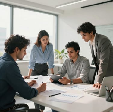 Wide environmental shot of a modern collaborative workspace in Gurugram, high-key daylight, clean cool shadows, professionals reviewing financial documents on a tablet.