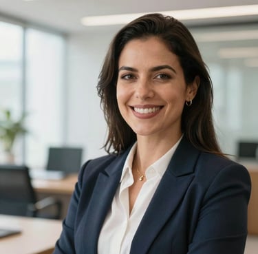 A professional portrait of a woman in business attire, smiling warmly, South American / Brazilian, in a brightly lit modern office setting.