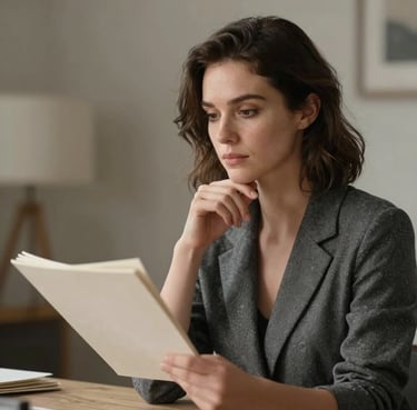 A professional portrait of a woman in a North American / US creative studio, looking thoughtfully at a manuscript, styled in charcoal and taupe tones.