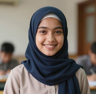 A warm, inviting portrait of a smiling female student wearing a hijab, studying attentively with a laptop in a softly lit room.