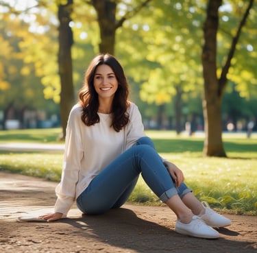 A warm portrait of a smiling woman in a cozy, softly lit room.