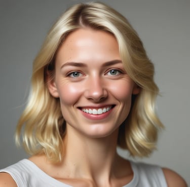 A warm portrait of a smiling woman in a cozy, softly lit room.