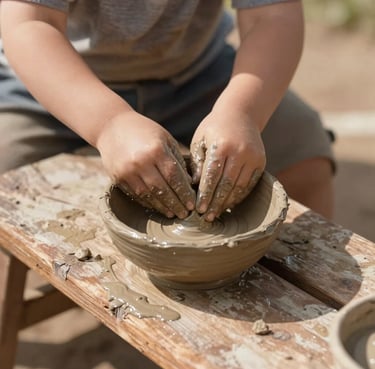 Child-eye-level shot of a toddler's hands covered in wet clay, shaping a small bowl on a rustic wooden bench, warm sunlight glinting off the clay.