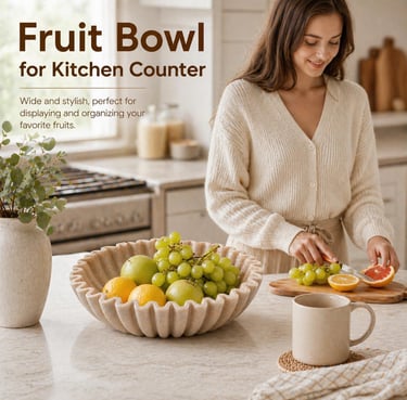 A fluted marble fruit bowl for kitchen counter organization, shown with fresh grapes and citrus.