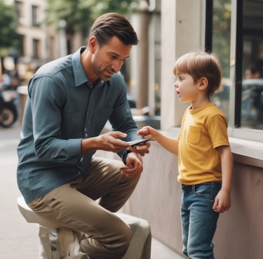 Father talking to young son while holding a wallet on a city street sidewalk.