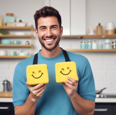 A cheerful man holding a sparkling clean kitchen sponge with a bright smile.