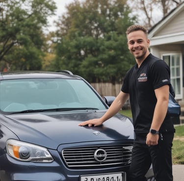 Close-up of a sleek car being polished to a mirror shine under bright studio lights.