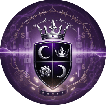 Vaeloria's crest of 2 moons, a crown and rose set in a shield with wings. a crown under barbed wire sit at the top