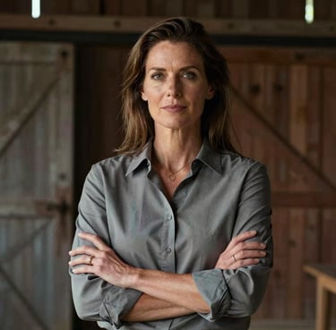 Portrait of a confident female business owner in her 40s wearing a slate-colored shirt, standing in front of a rustic barn.