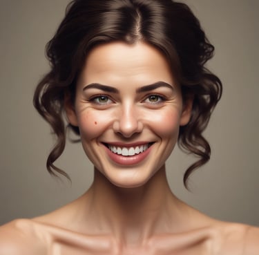 A joyful young woman wearing an elegant quinceañera dress, smiling softly against a softly lit luxurious background.