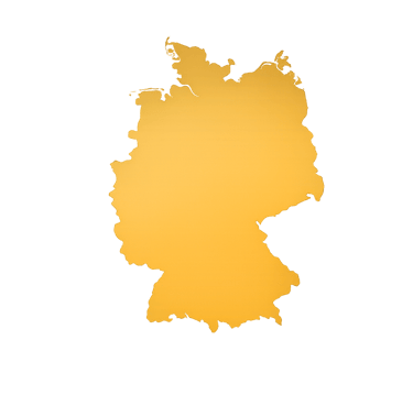 A golden yellow silhouette map of Germany isolated on a solid black background.